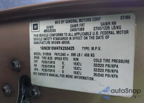 1996 Chevrolet Blazer from USA, damaged, VIN 1GNCS13W4TK233425